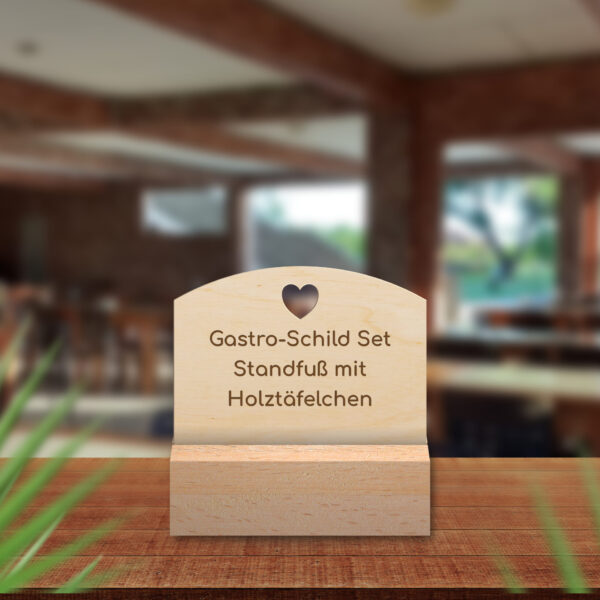 Gastro-Schild Set mit Standfuß und Holztäfelchen - Rund mit Herz